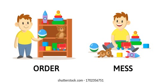 Words order and mess textcard with cartoon characters. Opposite adjectives explanation card. Flat vector illustration, isolated on white background.