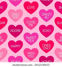 Palabras con corazones rosados diseño de patrones sin fisuras para el día de San Valentín.
