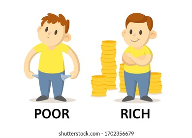 Words poor and rich textcard with cartoon characters. Opposite adjectives explanation card. Flat vector illustration, isolated on white background.