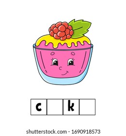 Words puzzle. Answer - cake. Education developing worksheet. Learning game for kids. Color activity page. Puzzle for children. English for preschool. Vector illustration. Cartoon style.