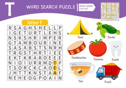 Words Puzzle Children Educational Game. Learning Vocabulary. Letter T. Cartoon Objects On A Letter T.