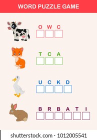 Words puzzle children educational game. Place the letters farm animals in right order