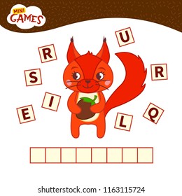 Words puzzle children educational game. Place the letters in right order. Learning vocabulary.  Cartoon squirrel with nut.