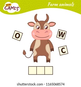 Words puzzle children educational game. Place the letters in right order. Learning vocabulary.  Cute cartoon cow.