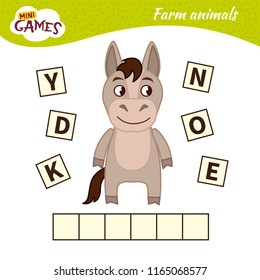 Words puzzle children educational game. Place the letters in right order. Learning vocabulary.  Cute cartoon donkey.