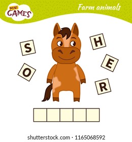 Words puzzle children educational game. Place the letters in right order. Learning vocabulary.  Cute cartoon horse.