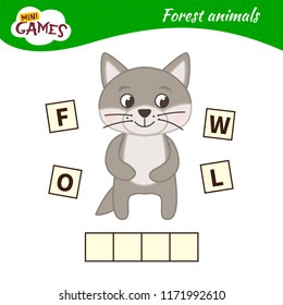 Words puzzle children educational game. Place the letters in right order. Learning vocabulary. Cartoon wolf. Forest animals.