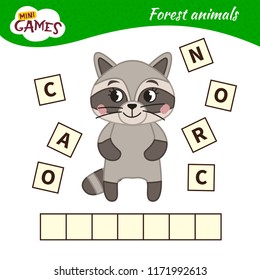 Words puzzle children educational game. Place the letters in right order. Learning vocabulary. Cartoon raccoon. Forest animals.