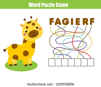 Words puzzle children educational game. Place the letters in right order. Learning vocabulary. Animals theme.