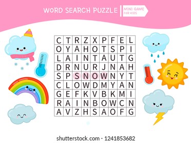 Words puzzle children educational game. Place the letters in right order. Learning vocabulary.  Cartoon weather.