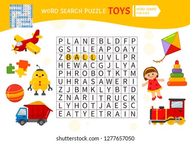 Words puzzle children educational game. Learning vocabulary.  Vector cute illustration of toys.