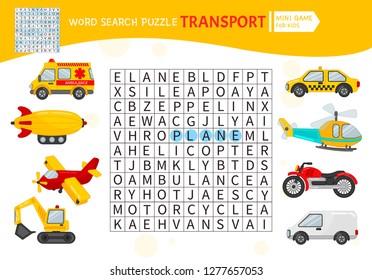 Words puzzle children educational game. Learning vocabulary.  Vector cute illustration of transport.