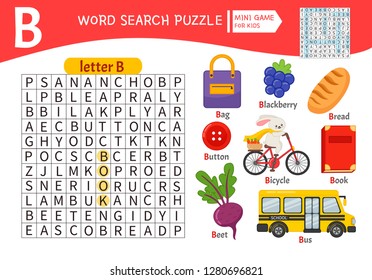 Words puzzle children educational game. Learning vocabulary. Letter B. Cartoon objects on a letter B.