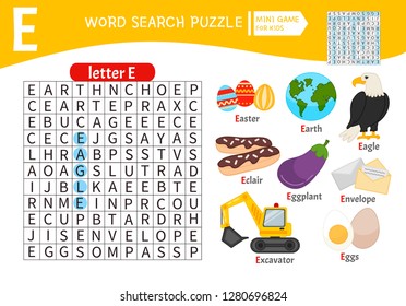 Words puzzle children educational game. Learning vocabulary. Letter E. Cartoon objects on a letter E.