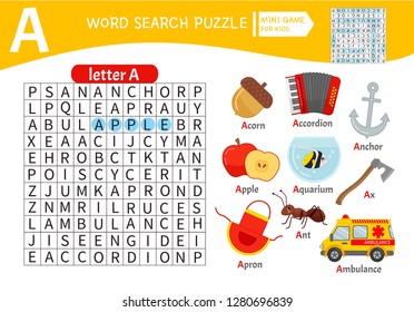 Words puzzle children educational game. Learning vocabulary. Letter A. Cartoon objects on a letter A.