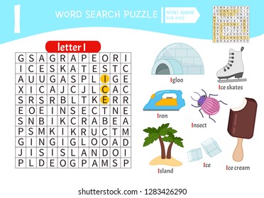 Words puzzle children educational game. Learning vocabulary. Letter I. Cartoon objects on a letter I.