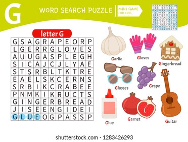 Words puzzle children educational game. Learning vocabulary. Letter G. Cartoon objects on a letter G.