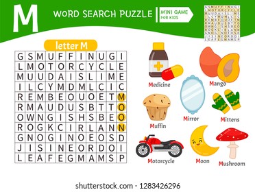 Words Puzzle Children Educational Game. Learning Vocabulary. Letter M. Cartoon Objects On A Letter M.