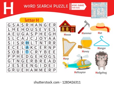 Words puzzle children educational game. Learning vocabulary. Letter H. Cartoon objects on a letter H.