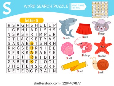 Words puzzle children educational game. Learning vocabulary. Letter S. Cartoon objects on a letter S.