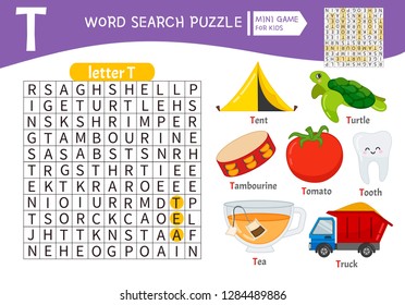 Words puzzle children educational game. Learning vocabulary. Letter T. Cartoon objects on a letter T.