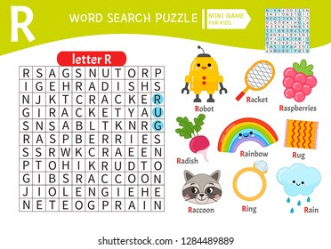 Words puzzle children educational game. Learning vocabulary. Letter R. Cartoon objects on a letter R.