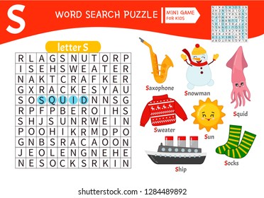 Words puzzle children educational game. Learning vocabulary. Letter S. Cartoon objects on a letter S.