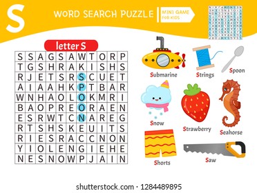 Words puzzle children educational game. Learning vocabulary. Letter S. Cartoon objects on a letter S.