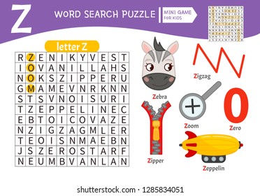 Words puzzle children educational game. Learning vocabulary. Letter Z. Cartoon objects on a letter Z