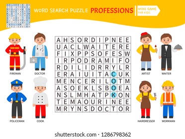 Words puzzle children educational game. Learning vocabulary. Professions.