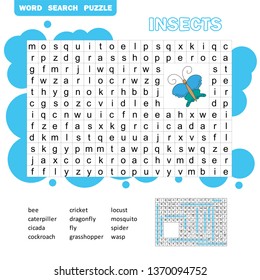 Words puzzle children educational game. Learning vocabulary. Insects word search game.