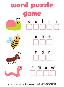 Words puzzle children educational game. Place the letters cute insects in right order.