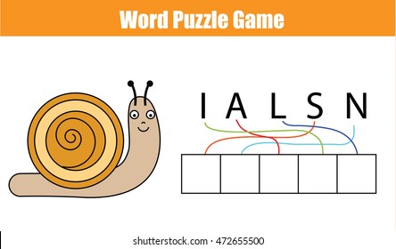 Words puzzle children educational game with maze. Place the letters in right order. Learning vocabulary