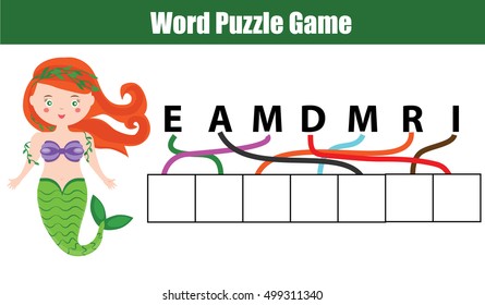 Words puzzle children educational game. Place the letters in right order. Learning vocabulary. Printable worksheet