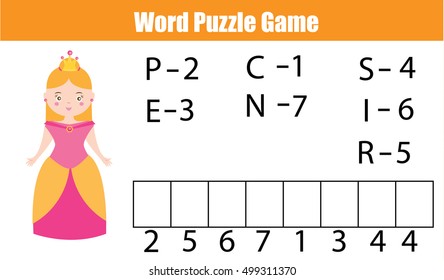 Words puzzle children educational game with numbers code. Place the letters in right order. Learning vocabulary and numbers. Printable worksheet