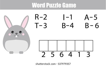 Words puzzle children educational game with numbers code. Place the letters in right order. Learning vocabulary and numbers. Printable worksheet