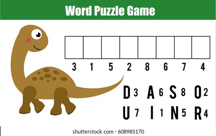 Words puzzle children educational game with numbers code. Place the letters in right order. Learning vocabulary and numbers. Printable worksheet
