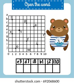 Words puzzle children educational game with coordinate grid. Place the letters in right order. Learning vocabulary. Learning vocabulary worksheet