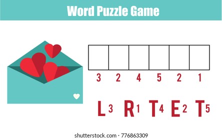 Words puzzle children educational game with numbers code. Place the letters in right order. Learning vocabulary and numbers. St Valentine's day theme