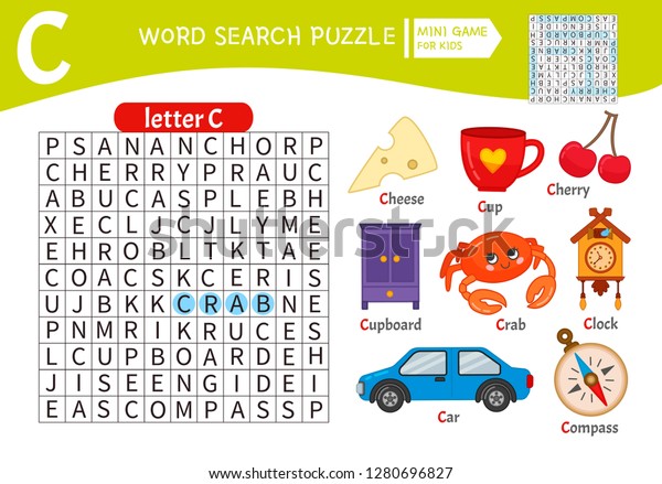 Words puzzle children\
educational game. Learning vocabulary. Letter C. Cartoon objects on\
a letter C.