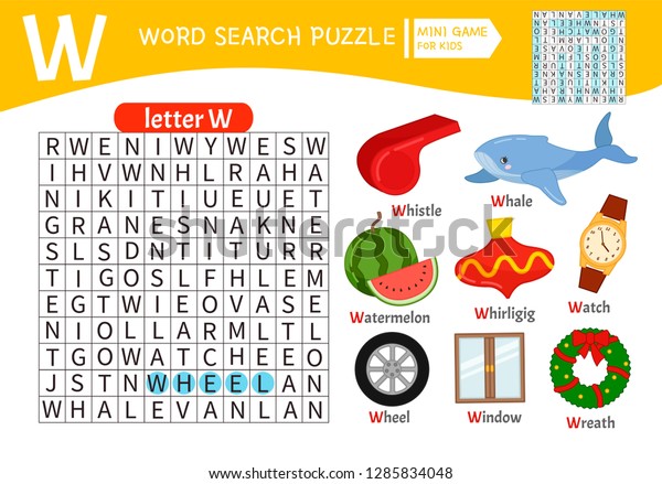 Words puzzle children\
educational game. Learning vocabulary. Letter W. Cartoon objects on\
a letter W