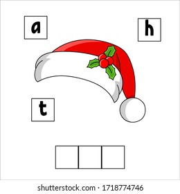 Words puzzle. Hat. Education developing worksheet. Learning game for kids. Activity page. Puzzle for children. Riddle for preschool. Vector illustration in cute cartoon style.