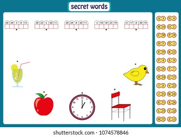 Words puzzle for kids, educational game with numbers code. worksheet for children