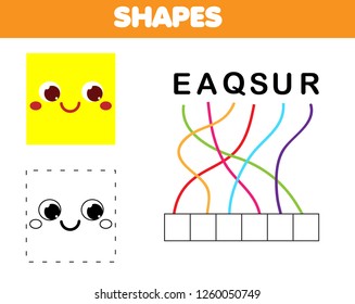 Words puzzle maze. Children educational game. Place letters in right order. Learning vocabulary and geometric shapes. Square