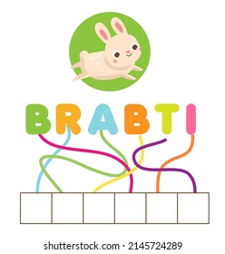 Words puzzle maze. Children educational game. Place letters in right order. Learning vocabulary and animals. Cute rabbit