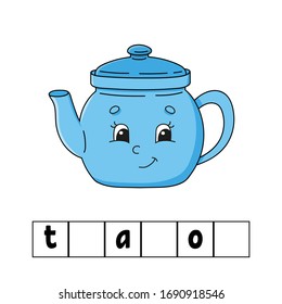 Palabras puzzle. Tetera. Hoja de trabajo de desarrollo de la educación. Juego de aprendizaje para los niños. Página de actividad de color. Rompecabezas para los niños. Inglés para preescolar. Ilustración vectorial. Estilo de caricatura.