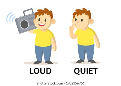 Words quiet and loud textcard with cartoon characters. Opposite adjectives explanation card. Flat vector illustration, isolated on white background.