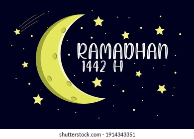 the words "Ramadan 1442 h" against the background of outer space, moon and stars.