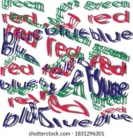 Las palabras "rojo", "verde" y "azul" están distorsionadas y forman un arcoiris de colores.