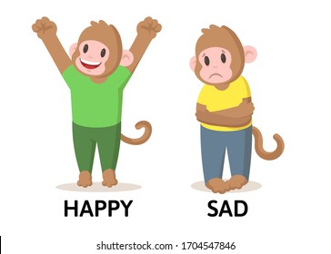 Words sad and happy textcard with two cartoon monkey characters. Opposite adjectives explanation card. Flat vector illustration, isolated on white background.